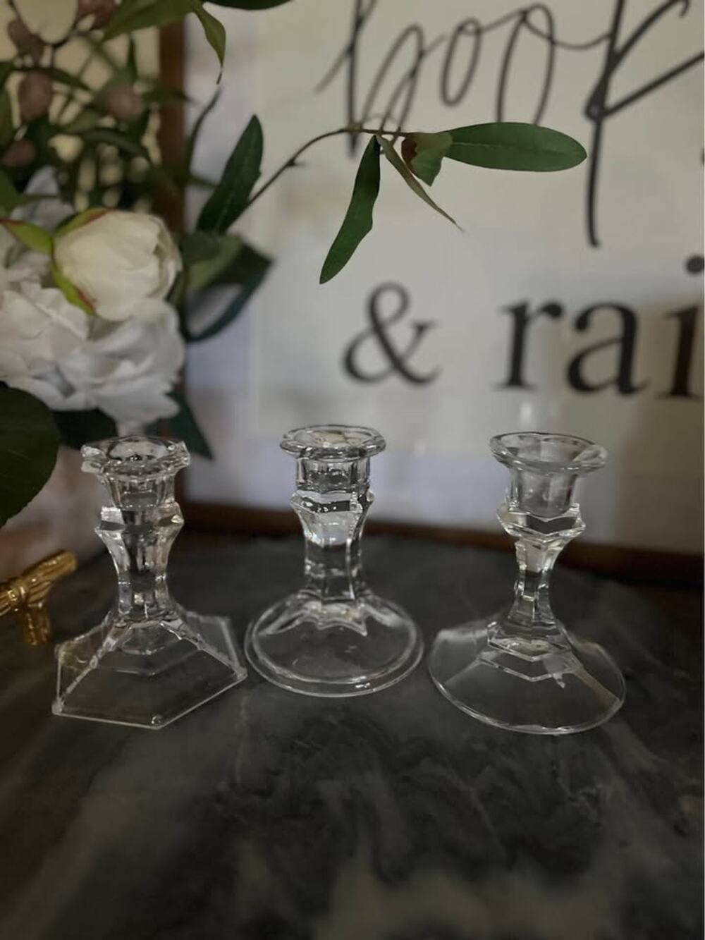 Set of 3 Clear Glass Taper Candle Holders Heavy French Country Elegant Glam